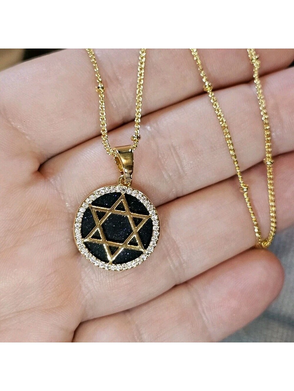 Blue Sandstone Magen David Star Pendant Necklace Gold-plated Gemstone CZ